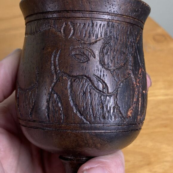 Vintage 6" African Hand-Carved Rhino And Elephant Wood Wine Drinking Cup Goblet - Picture 9 of 15